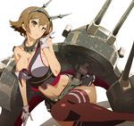  black_skirt blush breasts brown_hair cannon cleavage collarbone eyebrows_visible_through_hair gloves green_eyes hair_between_eyes halter_top halterneck hand_in_hair head_tilt headgear kantai_collection large_breasts looking_at_viewer meriken0111 mutsu_(kantai_collection) navel open_mouth pleated_skirt red_legwear rigging shadow short_hair simple_background skirt solo striped striped_legwear striped_skirt thighhighs thighs torn_clothes turret white_background white_gloves 