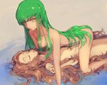  all_fours ass brown_hair c.c. closed_eyes code_geass convenient_leg curly_hair green_hair long_hair looking_at_viewer lying multiple_girls nude nunnally_lamperouge on_back protected_link sumi_otto very_long_hair white_background yellow_eyes yuri 