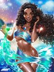  ayya_saparniyazova black_hair breasts censored convenient_censoring cowboy_shot curly_hair dark_skin disney element_bending jewelry large_breasts long_hair looking_at_viewer moana_(movie) moana_waialiki navel necklace novelty_censor nude older smile solo stomach water 