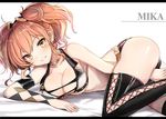  argyle ass bangs bed_sheet between_legs bikini_top black_legwear breasts character_name cleavage collarbone crop_top earrings eyebrows_visible_through_hair hand_between_legs idolmaster idolmaster_cinderella_girls jewelry jougasaki_mika large_breasts letterboxed looking_at_viewer luse_maonang lying on_side parted_lips pink_hair short_shorts shorts smile solo stud_earrings thighhighs thighs twintails underboob wavy_hair white_background yellow_eyes 