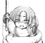  1girl coiled drooling female fingerless_gloves monochrome open_mouth sakifox strangling sword tentacle weapon 