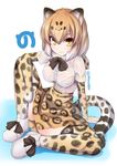  8000 :3 animal_ears breasts commentary_request elbow_gloves eyebrows eyebrows_visible_through_hair eyelashes full_body fur_collar gloves gradient_hair hair_between_eyes jaguar_(kemono_friends) jaguar_ears jaguar_tail japari_symbol kemono_friends knee_up large_breasts light_brown_hair looking_at_viewer multicolored multicolored_clothes multicolored_hair multicolored_legwear neck_ribbon pocket puddle ribbon ribbon-trimmed_clothes ribbon-trimmed_skirt ribbon_trim see-through shirt shoe_ribbon shoes short_hair sidelocks sitting skirt smile socks solo tail thighhighs twitter_username two-tone_hair water wet wet_clothes wet_shirt white_background white_shirt yellow_eyes 