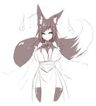  2016 animal_humanoid big_breasts big_tail breasts canine clothed clothing ear_piercing female fox fox_humanoid fully_clothed hair hairclip huge_breasts humanoid inner_ear_fluff japanese_clothing kiri_(sub-res) legwear long_hair long_sleeves looking_at_viewer mammal monochrome one_eye_closed open_mouth piercing simple_background sketch slit_pupils smile solo standing sub-res thigh_highs white_background will-o-wisp 