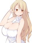  bad_id bad_pixiv_id blonde_hair blush bracelet breasts brown_eyes cleavage cleavage_cutout dress drill_hair earrings frown hand_behind_head huge_breasts idolmaster idolmaster_cinderella_girls jewelry light_brown_hair long_hair looking_away morikubo_nono older sleeveless solo ushi white_dress 