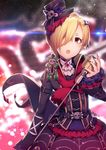  blonde_hair blurry brown_eyes chain depth_of_field diffraction_spikes dress ear_piercing fingernails hair_ornament hair_over_one_eye hairclip hat idolmaster idolmaster_cinderella_girls idolmaster_cinderella_girls_starlight_stage kouda_hayato_(e-gis) long_sleeves microphone mini_hat mini_top_hat open_mouth piercing shirasaka_koume short_hair solo top_hat 