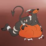  2017 anthro anthrofied belly big_belly black_fur black_hair butt canine drooling english_text eyes_closed female fur hair hand_on_stomach horn long_hair mammal mega_evolution mega_houndoom neck_bulge nintendo nipples nude oral_vore pok&eacute;mon pok&eacute;morph raised_tail red_background red_fur red_hair saliva shikaro signature simple_background smile solo swallowing text video_games vore white_horn 