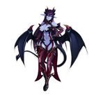  bare_shoulders black_gloves black_sclera blue_skin breasts demon_(monster_girl_encyclopedia) demon_girl demon_tail demon_wings detached_collar detached_sleeves earrings full_body gloves hair_between_eyes hand_on_hip heart heart_earrings horns jewelry large_breasts long_hair looking_at_viewer monster_girl monster_girl_encyclopedia navel parted_lips pointy_ears purple_hair red_eyes solo stomach subete_no_houkou tail thighhighs wings 