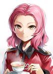  bangs brown_eyes cup emerane girls_und_panzer jacket looking_at_viewer military military_uniform parted_bangs red_hair red_jacket rosehip saucer short_hair smile solo st._gloriana's_military_uniform tea teacup uniform upper_body 