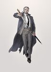  2017 artist_name beard black_footwear black_neckwear blue_eyes closed_mouth coat collared_shirt expressionless facial_hair formal full_body glasses grey grey_background grey_coat grey_jacket grey_pants highres holding holding_sword holding_weapon jacket jane_mere lips long_sleeves looking_at_viewer male_focus md5_mismatch necktie open_clothes open_coat original pants pocket rimless_eyewear sheath shirt shoes silver_hair simple_background solo suit sword unbuttoned unsheathed unsheathing walking watch weapon white_shirt wing_collar wristwatch 