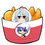  blue_hair bucket bucket_of_chicken chef_hat chibi chicken_costume doremy_sweet fried_chicken hat kishin_sagume pom_pom_(clothes) red_eyes silver_hair tapir_ears touhou twumi 