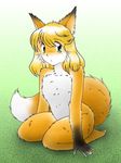  1girl animal_ears barefoot blonde_hair blush feet fox_ears fox_tail full_body furry green_eyes looking_at_viewer nude pisipisi short_hair sitting solo tail toes whiskers 