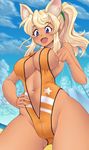  animal_ears ass_visible_through_thighs bad_perspective bag beach blonde_hair blue_eyes blue_sky blush breasts cameltoe cleavage cloud cloudy_sky commentary_request cowboy_shot curvy dark_skin day extra_ears fangs from_below hand_on_hip highleg highres huge_breasts kihaiu liru long_hair looking_at_viewer looking_down navel open_mouth outdoors plump ponytail renkin_san-kyuu_magical_pokaan sky smile solo swimsuit tan thighs whisker_markings wolf_ears wolf_girl 