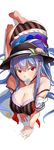  absurdres all_fours bare_shoulders barefoot bikini black_bikini blue_hair blush breasts cleavage collarbone condom_wrapper food fruit hat highres hinanawi_tenshi large_breasts leaf long_hair mouth_hold neropaso off_shoulder peach red_eyes shadow sketch skirt solo strap_slip striped striped_bikini swimsuit touhou 