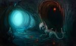  2017 absurd_res bioluminescence blue_eyes cave detailed_background digital_media_(artwork) equine eyelashes fan_character female feral fish glowing hi_res hooves horse hybrid lacera_viscera mammal marine my_little_pony nude partially_submerged pony shark smile solo vitaj water 