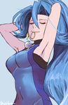  arms_behind_head arms_up bangs bare_arms bare_shoulders blue blue_background blue_hair bodysuit breasts choker closed_eyes closed_mouth covered_navel earrings gym_leader hair_between_eyes hair_intakes hair_tie halterneck high_ponytail holding holding_hair ibuki_(pokemon) jewelry lips long_hair medium_breasts mouth_hold pearl pokemon pokemon_(game) pokemon_hgss side_ponytail simple_background skin_tight smile solo suzuki_zentarou twitter_username tying_hair very_long_hair 