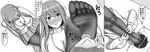  1boy 1girl bed blush breasts cleavage feet foot_licking foot_on_head foot_worship from_above large_breasts long_hair monochrome open_shirt pantyhose pillow pov pov_feet smell smelling soles steam toes translated 