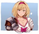  blonde_hair breasts cleavage djeeta_(granblue_fantasy) dress fighter_(granblue_fantasy) granblue_fantasy hairband large_breasts looking_at_viewer pauldrons pink_dress pink_hairband pout puffy_sleeves shoohee short_hair solo upper_body 