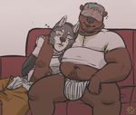  2017 absurd_res anthro baseball_cap bear black_nose boxers_(clothing) brown_belly brown_fur canine clothed clothing cuddling digital_media_(artwork) duo eyes_closed front_view fur grey_fur grey_nose hat hi_res jewelry jockstrap male male/male mammal multicolored_fur navel necklace orange_bottomwear orange_clothing orange_pants pants pants_down partially_clothed raised_shirt repzzmonster shirt signature simple_background sitting sleeping slightly_chubby sofa sound_effects t-shirt two_tone_fur underwear white_bottomwear white_clothing white_fur white_shirt white_topwear white_underwear wolf zzz 