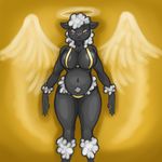  anthro big_breasts bikini breasts caprine clothed clothing dark_skin female fur hair looking_at_viewer mammal nukenugget sheep simple_background slightly_chubby smile solo swimsuit thick_thighs wide_hips wings 