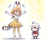 1girl =_= androgynous animal_ears backpack bag blonde_hair boots bow bowtie brown_hair closed_eyes commentary elbow_gloves expressionless feathers frisk_(undertale) gloves hat hat_feather helmet kaban_(kemono_friends) kemono_friends leaf_print multiple_girls open_mouth outstretched_arms pantyhose pith_helmet print_legwear print_skirt serval_(kemono_friends) serval_ears serval_print serval_tail shadow shirt shoes short_hair short_sleeves shorts skirt sleeveless sleeveless_shirt smile spread_arms t-shirt tail thighhighs tomoyohi undertale yellow_background zettai_ryouiki 