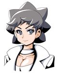  actress alternate_breast_size bangs black_hair blue_eyes breasts carnet_(pokemon) choker cleavage closed_mouth collarbone eyelashes eyeshadow jacket koutarosu large_breasts looking_at_viewer makeup open_clothes open_jacket pokemon pokemon_(game) pokemon_xy short_hair simple_background smile solo tsurime upper_body very_short_hair white_background white_jacket 