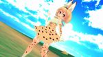  1girl 3d animal_ears animal_tail ass blonde_hair blush breasts catgirl cloud day from_below full_body highres kemono_friends large_breasts looking_to_the_side no_panties open_mouth orange_eyes serval_(kemono_friends) serval_ears serval_tail shoes short_hair sky solo thighhighs thighs 