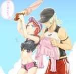  1boy 1girl bare_shoulders bikini blue_eyes breasts clenched_teeth dezel_(tales) green_hair hair_over_eyes hat long_hair midriff navel open_mouth ponytail red_hair rose_(tales) swim_trunks tales_of_(series) tales_of_zestiria umbrella 