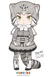  :&lt; animal_ears animal_print boots cat_ears cat_tail chibi copyright_name full_body gloves grey_hair kemono_friends logo looking_at_viewer multicolored_hair official_art pallas's_cat_(kemono_friends) pantyhose simple_background skirt solo standing streaked_hair striped_tail tail two-tone_hair white_background white_footwear white_gloves yellow_eyes yoshizaki_mine 
