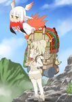  alpaca_ears alpaca_suri_(kemono_friends) alpaca_tail animal_ears backpack bag blonde_hair blue_eyes commentary_request day fur_trim hair_over_one_eye head_wings japanese_crested_ibis_(kemono_friends) kemono_friends knives_(knives777) long_hair long_sleeves mountain multicolored_hair multiple_girls open_mouth pantyhose red_hair red_legwear short_hair sidelocks tail teapot two-tone_hair white_hair yellow_eyes 