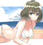  beach bikini blue_eyes blue_sky breasts brown_hair cleavage cloud cloudy_sky collarbone day eyebrows_visible_through_hair food fruit green_eyes heterochromia highres idolmaster idolmaster_cinderella_girls looking_at_viewer lying medium_breasts mole mole_under_eye outdoors peach short_hair shunichi sky smile solo swimsuit takagaki_kaede white_bikini 