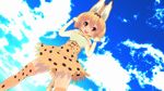  1girl 3d :d animal_ears animal_tail blonde_hair blush breasts catgirl clouds day highres kemono_friends large_breasts looking_at_viewer open_mouth orange_eyes outside posing serval_(kemono_friends) serval_ears serval_tail short_hair sky sleeveless solo standing thighhighs 