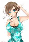  adjusting_hair bad_id bad_pixiv_id bare_shoulders blue_eyes blush breasts brown_hair cleavage copyright_name dress earrings floral_print flying_sweatdrops hand_on_own_chest highres jewelry kozakura_shiori large_breasts lips looking_at_viewer mouth_hold original shi-2 shiori_no_uso_wa_yo_no_makoto short_hair solo upper_body white_background 