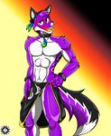  2017 abs anthro biceps canine claws clothed clothing collar digital_media_(artwork) fox fur hair looking_at_viewer m.mcallister male mammal muscular muscular_male navel pecs phantomfullforce pinup pose sarong smile solo standing 
