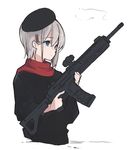  akagawa007 assault_rifle bad_id bad_pixiv_id beret black_shirt blue_eyes closed_mouth expressionless eyebrows_visible_through_hair from_side grey_hair gun hair_ornament hairclip hat heckler_&amp;_koch highres hk416 long_sleeves original red_scarf rifle scarf scope shirt short_hair simple_background smoke solo trigger_discipline upper_body weapon white_background 