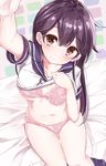  3: absurdres arm_up armpit_peek bangs bed_sheet black_hair blue_skirt blush bow bow_bra bra breasts brown_eyes closed_mouth commentary_request dutch_angle eyebrows_visible_through_hair floral_print hair_between_eyes highres kantai_collection kengorou_saemon_ii_sei knees_together_feet_apart large_breasts long_hair looking_at_viewer navel on_bed panties pink_bra pink_panties reaching_out sailor_collar school_uniform self_shot serafuku shirt_lift short_sleeves sitting skirt skirt_removed solo thighs underwear undressing ushio_(kantai_collection) white_bow 