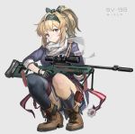  1girl blonde_hair blue_shirt brown_footwear commentary_request full_body girls_frontline gloves grey_background gun hairband holding holding_weapon kesomaru long_hair looking_at_viewer mismatched_legwear ponytail red_eyes rifle russian_flag scarf shirt shoes short_hair shorts smile sniper_rifle solo sv-98 sv-98_(girls_frontline) thighhighs title weapon white_scarf 