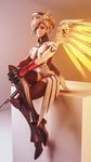  1girl 3d absurdres blonde_hair bodysuit breasts breasts_out full_body half-closed_eyes halo hand_on_own_knee highres legs legs_crossed lips looking_at_viewer makeup mechanical_wings mercy_(overwatch) nipples overwatch pink_lips ponytail sitting smile solo thighhighs thighs 