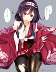  black_gloves black_hair black_legwear breasts cleavage gloves hair_flaps hair_ornament haori japanese_clothes kantai_collection kimono large_breasts low_twintails magatama narushima_kanna necktie open_mouth pantyhose partly_fingerless_gloves red_eyes red_neckwear ryuuhou_(kantai_collection) solo sweat taigei_(kantai_collection) torn_clothes torn_legwear translated twintails twitter_username whale_hair_ornament yugake 