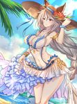  animal_ears antiqq arched_back beach blurry braid breasts cleavage covered_navel cowboy_shot day depth_of_field ears_through_headwear erune flower frilled_skirt frills granblue_fantasy hair_between_eyes hair_tubes hat heles hibiscus impossible_clothes large_breasts layered_skirt long_hair looking_at_viewer sidelocks silver_hair single_braid skirt solo sun_hat swimsuit swimsuit_skirt very_long_hair yellow_eyes 