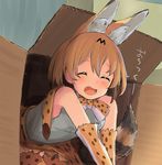  ^_^ animal_ears bare_shoulders blush bow bowtie box cardboard_box closed_eyes commentary duplicate elbow_gloves eyelashes facing_viewer fang gloves ha_ru happy in_box in_container indoors jpeg_artifacts kemono_friends open_mouth orange_hair serval_(kemono_friends) serval_ears serval_print serval_tail shirt short_hair sitting skirt sleeveless sleeveless_shirt smile socks solo striped_tail tail thighhighs translated |d 