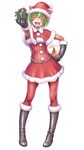  animal_ears black_gloves boots closed_eyes dog_ears dog_girl dog_tail elbow_gloves fang full_body furry gift gloves green_hair hand_on_hip hat highres knee_boots open_mouth pantyhose pigeon-toed red_legwear santa_costume santa_hat simple_background skirt smile solo tail tewatasanaiinu tokyo_metropolitan_police_department white_background wokada 