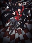  black_hair black_legwear black_ribbon card highres hime_cut houndstooth jabami_yumeko jewelry kakegurui loafers long_hair looking_at_viewer lying nail_polish neck_ribbon official_art on_back pantyhose pleated_skirt poker_chip red_eyes red_nails red_suit ribbon ring school_uniform shoes skirt solo thighhighs thumb_ring very_long_hair 