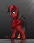  2017 black_feathers black_hair clothed clothing duskie-06 equine fan_character feathered_wings feathers fur hair hooves mammal my_little_pony pegasus red_eyes red_fur red_hair standing wings 