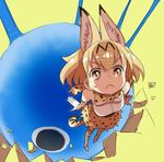  :&lt; animal_ears bow bowtie cerulean_(kemono_friends) closed_mouth elbow_gloves eyebrows eyebrows_visible_through_hair eyelashes gloves jpeg_artifacts kemono_friends light_brown_eyes monster orange_hair sanpaku serval_(kemono_friends) serval_ears serval_print serval_tail shirt short_hair simple_background sketch skirt sleeveless sleeveless_shirt socks striped_tail sweat tail tareme thighhighs turn_pale v-shaped_eyebrows white_shirt yellow_background yoshida_on 