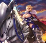  absurdres ahoge armor artoria_pendragon_(all) artoria_pendragon_(lancer) blonde_hair blue_eyes blush braid breasts bursting_breasts cape cleavage closed_mouth commentary_request crown curvy dun_stallion evening fate/grand_order fate_(series) fur_trim gauntlets greaves hair_between_eyes highres holding horse horseback_riding huge_breasts lance leg_armor long_hair looking_at_viewer meme50 no_panties outdoors pelvic_curtain polearm rhongomyniad riding shiny shiny_hair sidelocks solo spread_legs sword thighhighs twitter_username weapon 