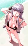  barefoot beach bikini black_bikini black_gloves breasts cleavage danganronpa danganronpa_3 from_above front-tie_top gloves hair_ribbon hand_on_hip highres katanbina_(gbln22211) kirigiri_kyouko large_breasts long_hair looking_at_viewer looking_up navel outdoors purple_eyes purple_hair ribbon side-tie_bikini sidelocks solo swimsuit water 