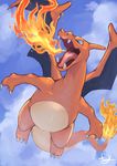  blue_sky breathing_fire charizard claws cloud day fangs fire flame flying foreshortening gen_1_pokemon highres no_humans open_mouth outdoors pokemon pokemon_(creature) signature sky solo tail-tip_fire teeth tesshii_(riza4828) tongue 