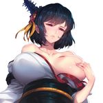  bacius bad_id bad_twitter_id bare_shoulders black_hair breasts collarbone covering covering_breasts frown hair_ornament japanese_clothes kantai_collection large_breasts obi off_shoulder one_breast_out red_eyes sash short_hair simple_background solo sweat white_background yamashiro_(kantai_collection) 