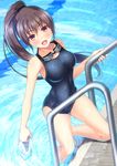  :d blush breasts brown_eyes brown_hair collarbone commentary_request drain_(object) goggles goggles_around_neck hat headwear_removed highres holding holding_hat imachireki large_breasts long_hair looking_at_viewer moe2017 open_mouth original ponytail pool pool_ladder poolside ripples school_swimsuit smile solo swim_cap swim_cap_removed swimsuit thighs 