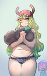  1girl baseball_cap belly blonde_hair blush bow_(bhp) breast_hold breasts covered_nipples dragon_girl dragon_horns flying_sweatdrops full-face_blush gradient_hair green_eyes green_hair hat horns huge_breasts kobayashi-san_chi_no_maidragon long_hair looking_at_viewer magatsuchi_shouta multicolored_hair one_eye_closed plump purple_hair quetzalcoatl_(maidragon) short_hair short_shorts shorts smile tank_top thighhighs wavy_mouth 